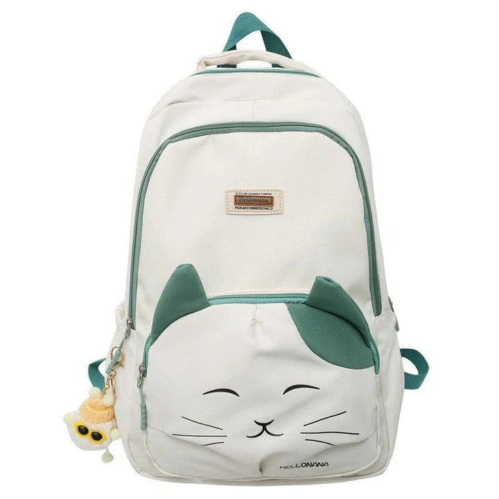 A stylish Japanese-inspired cat backpack with a large capacity, breathable nylon construction, and dedicated storage compartments for student essentials.