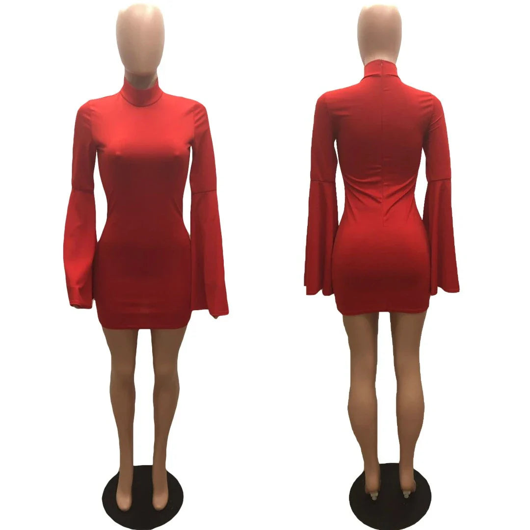 Stylish turtleneck dress with flared sleeves in vibrant red colour, perfect for the modern Kiwi woman's wardrobe