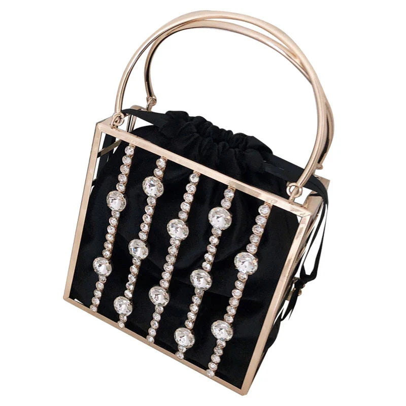 A stylish Kiwi-designed diamond-studded dinner bag with metallic accents, showcasing a range of premium features like lace, plaid, and sequins.