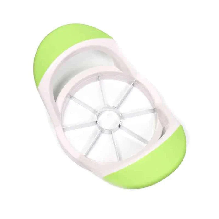 Stainless steel fruit cutter with ergonomic grip, slicing various fresh produce