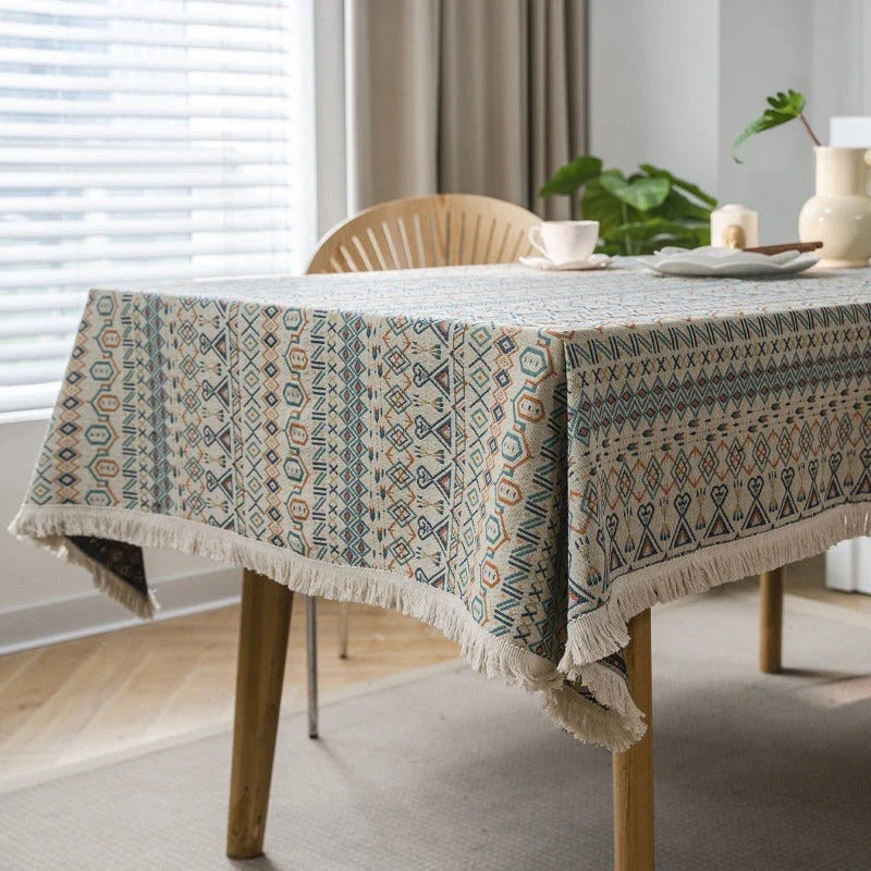 Stylish geometric jacquard tablecloth with a modern bohemian design, perfect for enhancing the look and feel of any Kiwi dining space.
