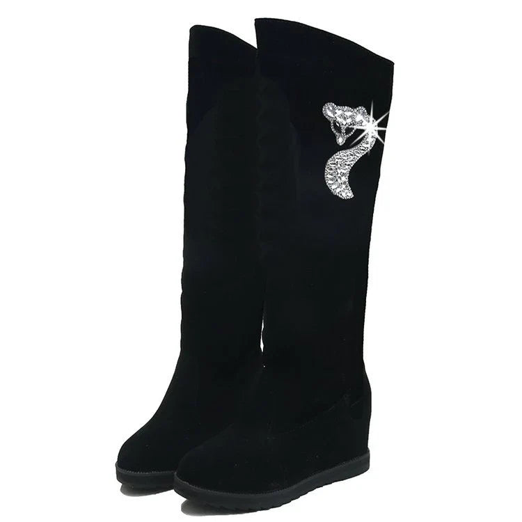 Pair of women's winter boots with rhinestone embellishments in a variety of black colour options