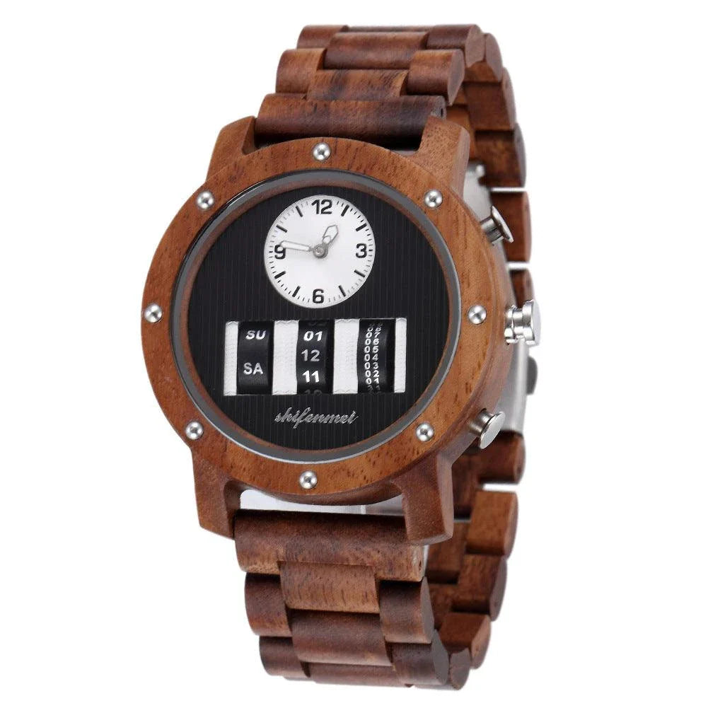 A stylish and innovative Kiwi-engineered wooden watch with a spiral crown, mineral-reinforced glass mirror, and stainless steel clasp.