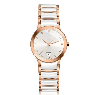 Stylish digital scale and calendar watch in rose gold, featuring a sleek ceramic design and mineral-reinforced glass mirror surface for the modern Kiwi lifestyle.