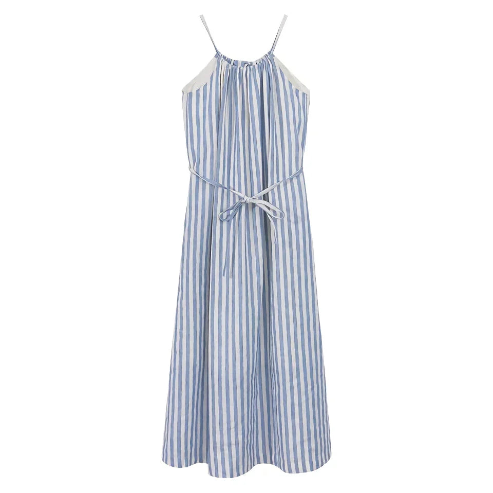 A stylish striped cotton linen maxi dress with an elegant A-line silhouette, perfect for summer in New Zealand.