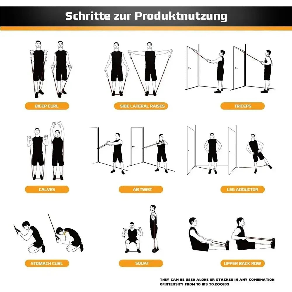 Versatile home gym resistance band set with adjustable tension up to 200 lbs, made of eco-friendly natural latex