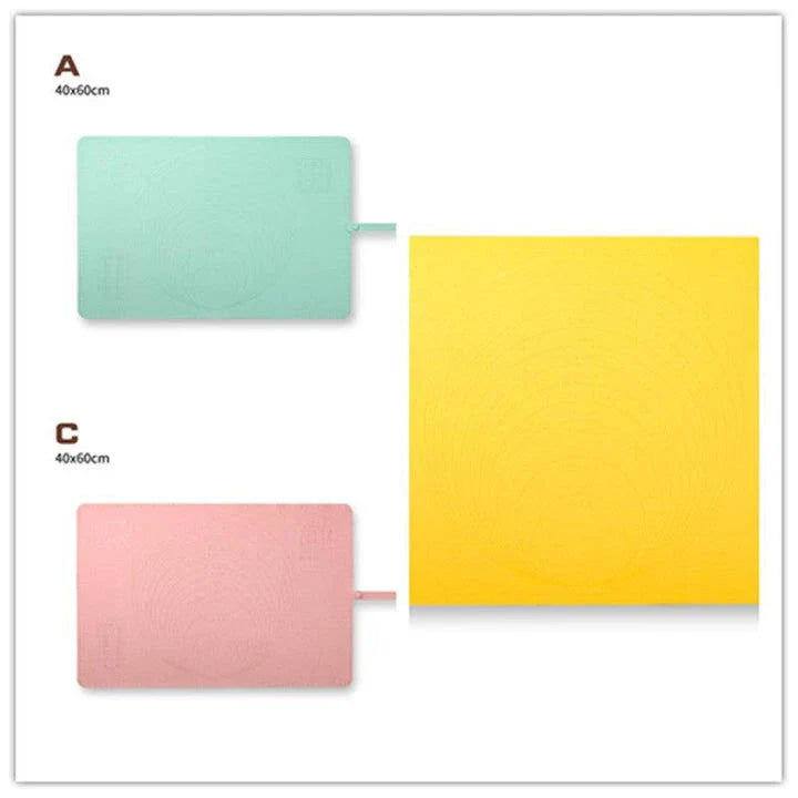 Large, thick silicone rolling pad in yellow, green, and pink colours for kneading dough and baking in the New Zealand kitchen