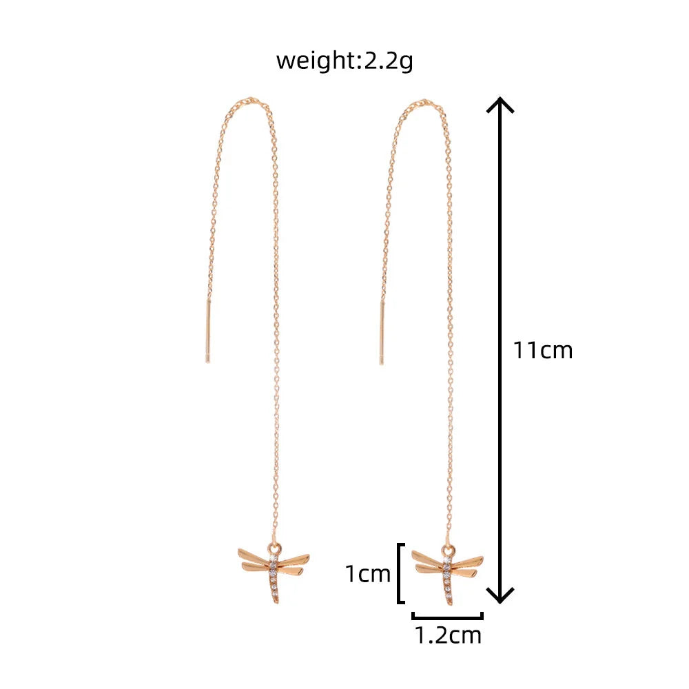 Gold Copper Dragonfly Micro-Set Zircon Long Tassel Ear Wire with detailed design