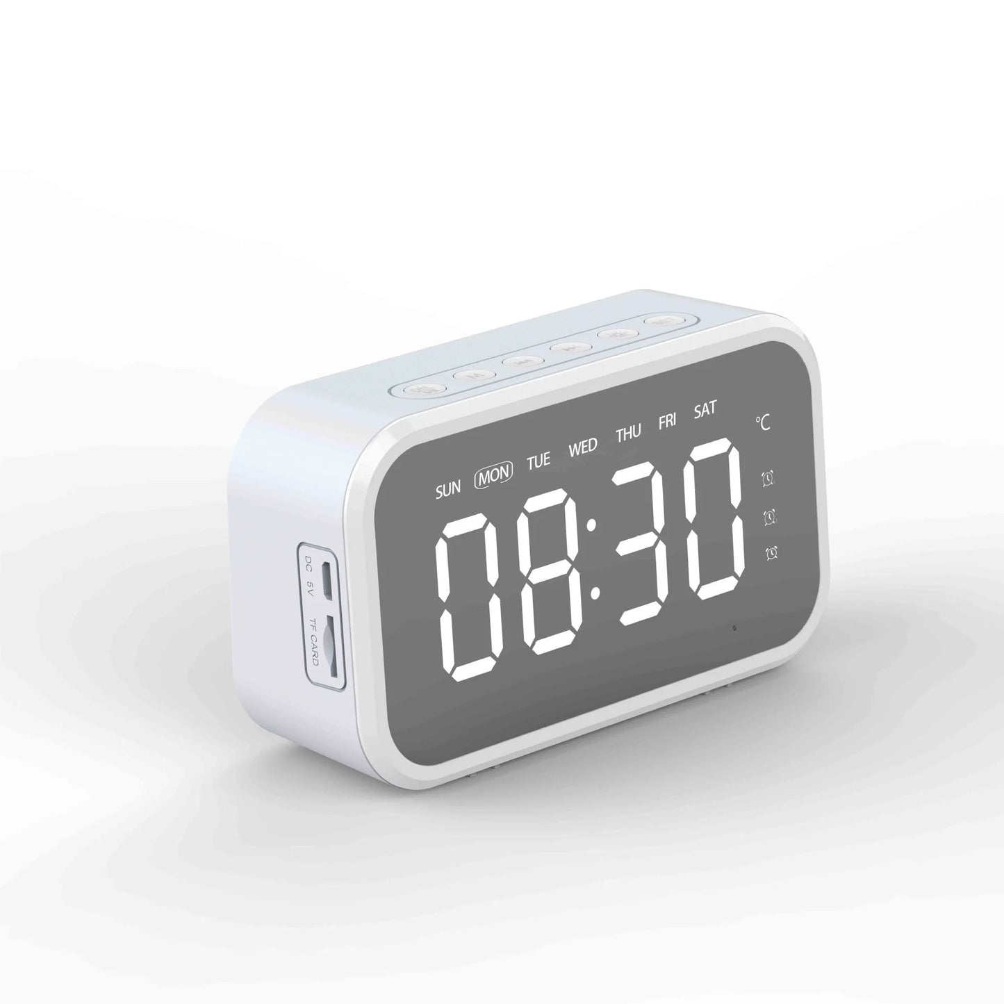 Desktop alarm clock with Bluetooth wireless audio in black, pink, and white