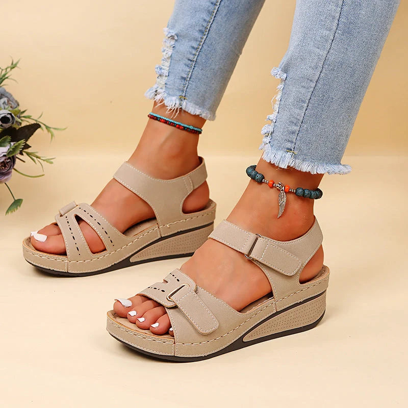 Women's velcro wedge sandals in red, black, brown, and off-white with breathable PU upper