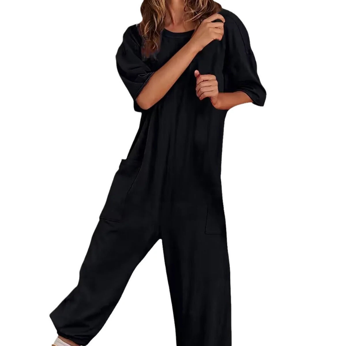 Women's stretch V-neck jumpsuit with pockets in various colours