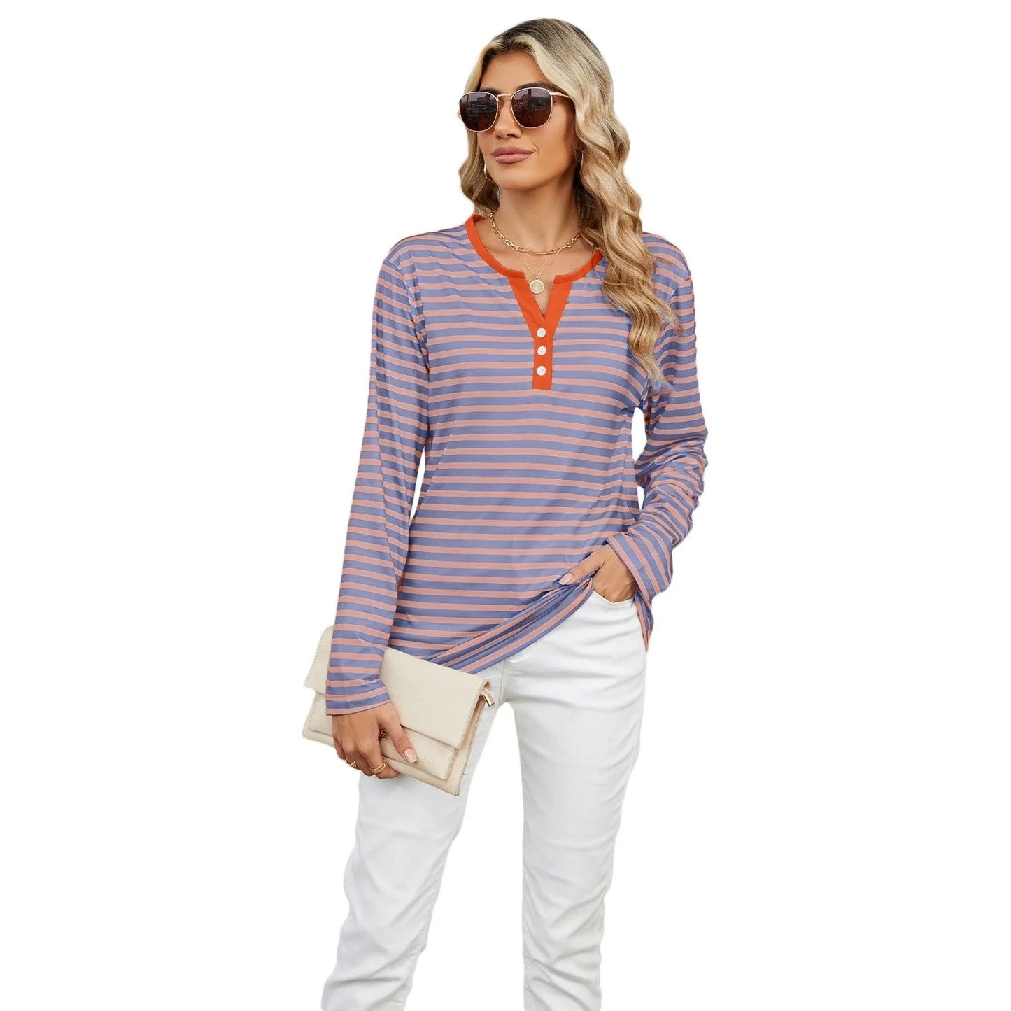 Women's V-neck striped loose long-sleeved t-shirt in various colours