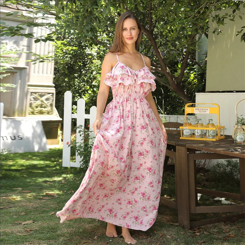 Women's pink floral printed summer dress in polyester fabric