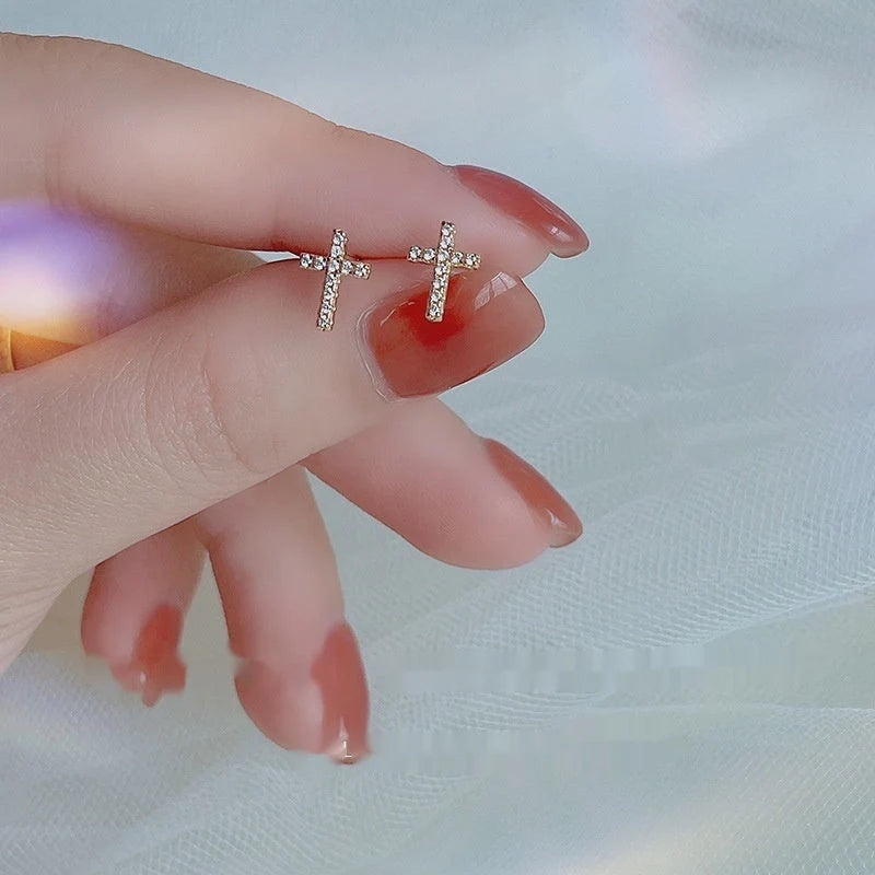 2024 stainless steel cross earrings with inlaid zircon for women