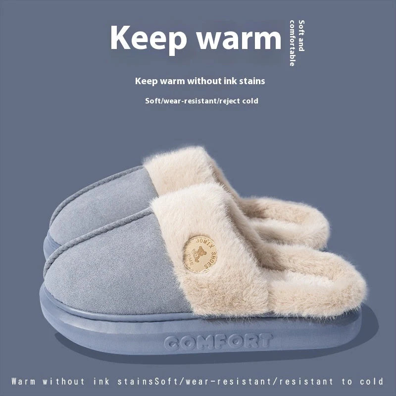 Winter plush slippers for women and men in various colours, featuring thick soles and soft fleece lining