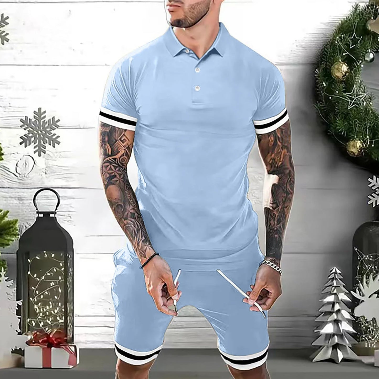 Stylish men's casual summer outfit with polo shirt and matching shorts in various colors