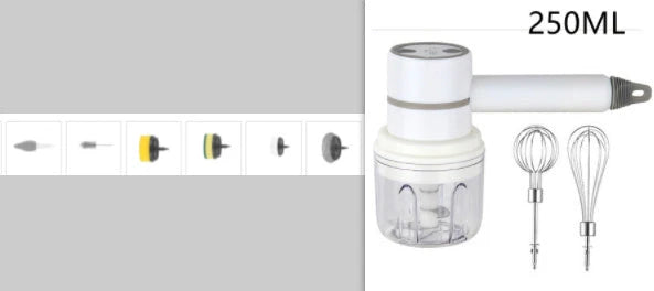 Cordless electric hand mixer with whisk and egg beater attachments, available in various colors