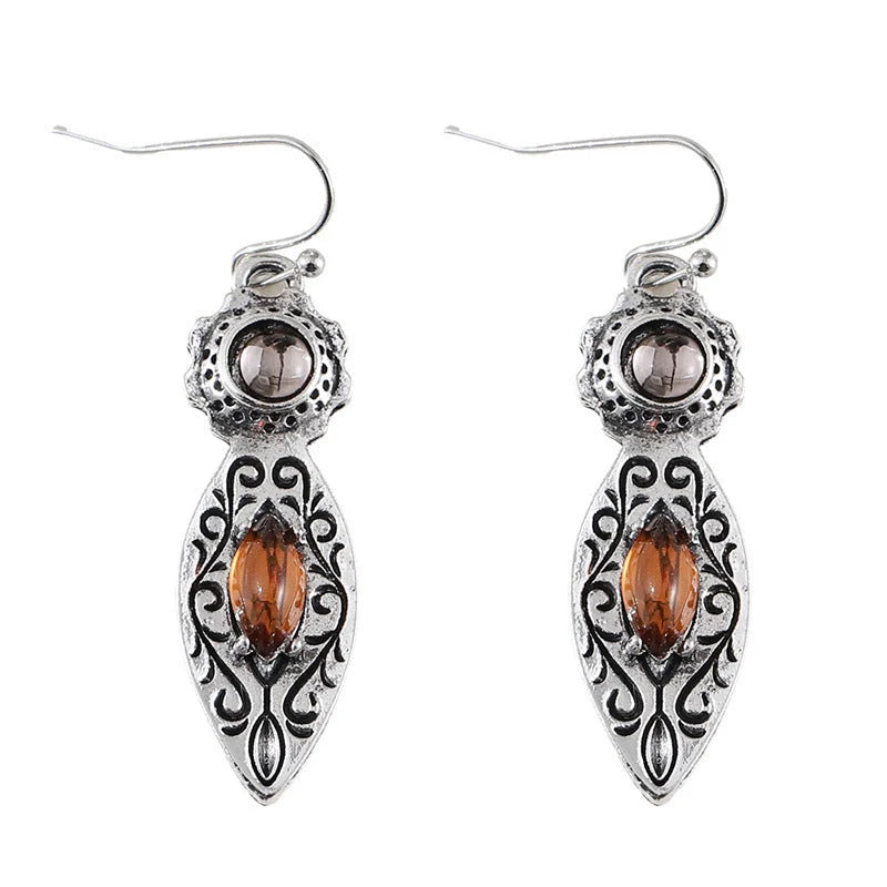 Retro-style two-tone gemstone earrings in ancient silver finish, geometric shape