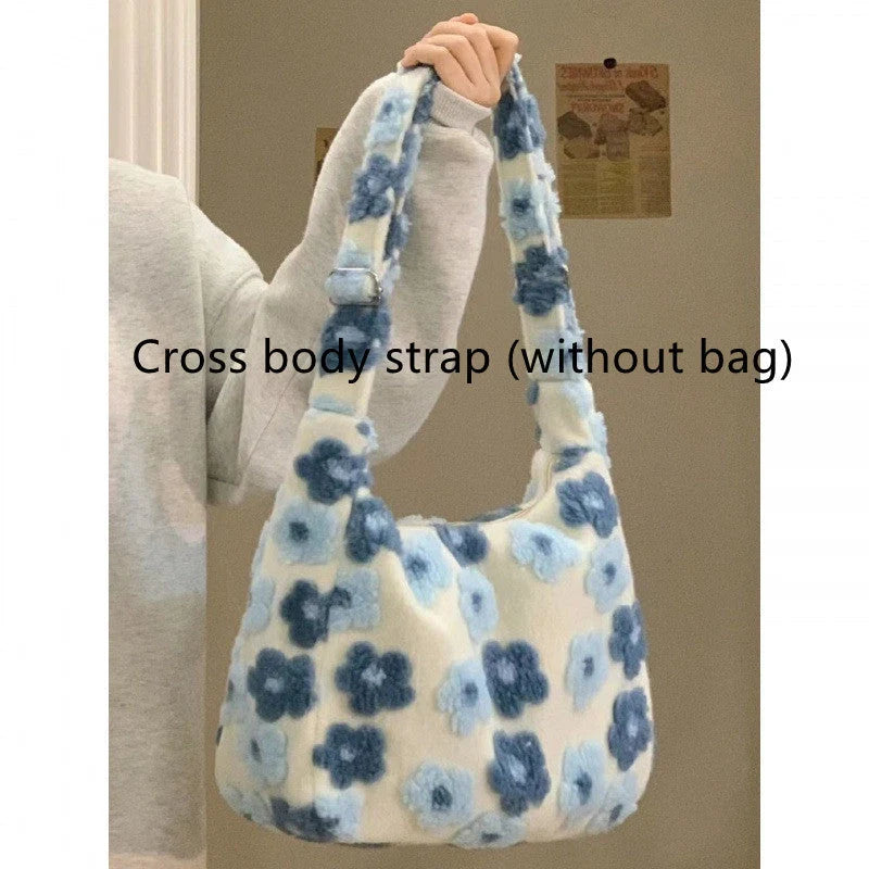Large capacity women's fur bag in white and blue with adjustable strap