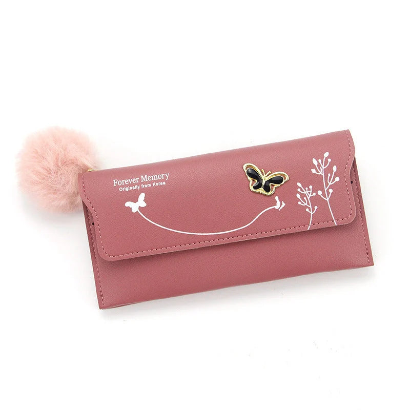 Ladies PU leather long hair ball bow purse with magnetic buckle in various colours