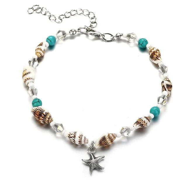 Green and blue star fish anklet for women, beach foot jewelry