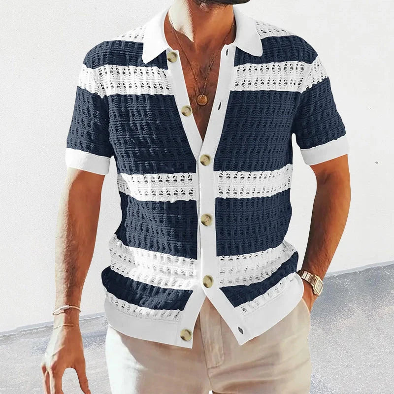 Men's summer knitted polo neck short sleeve cardigan in breathable polyester