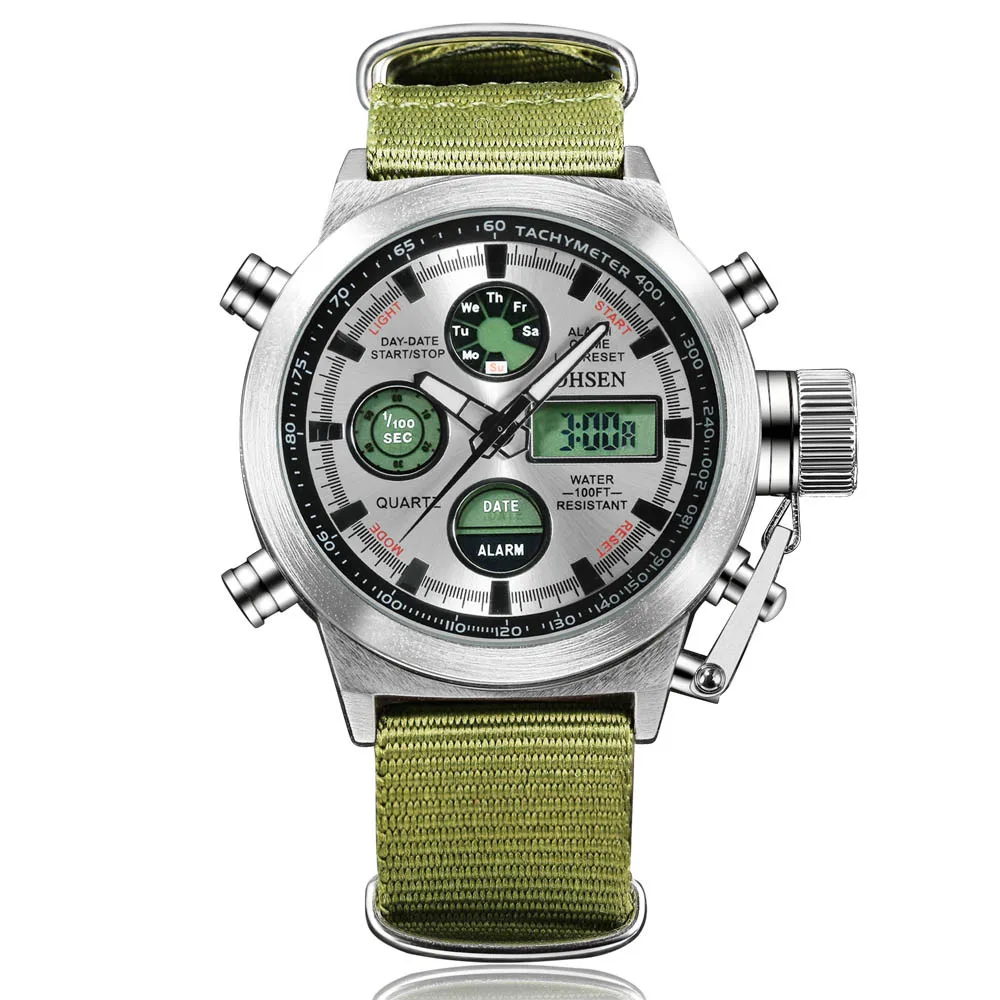 Digital Canvas Strap Army Watch with stainless steel case and canvas strap, available in black and silver colors