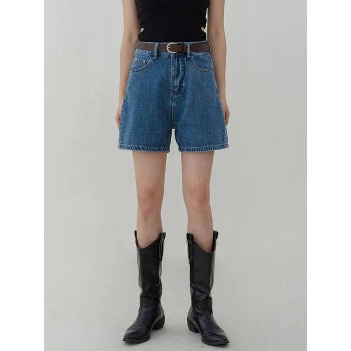 Stylish high-waisted denim shorts in a classic blue hue, perfect for Kiwi summer adventures