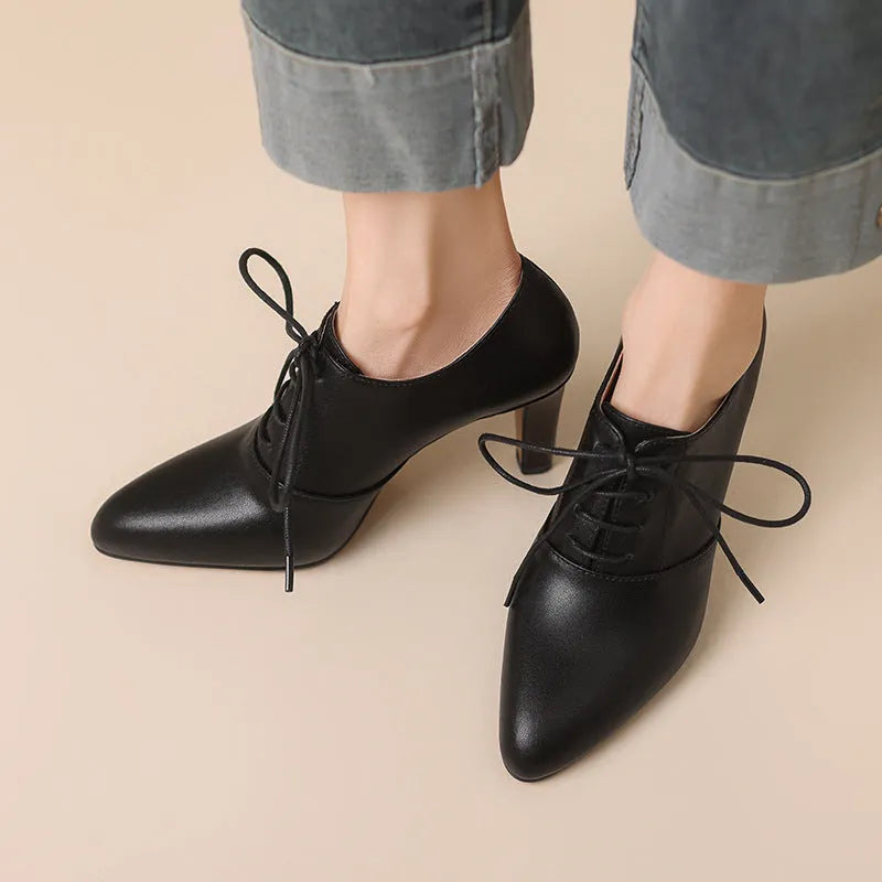 High heel lace-up cowhide leather pointed wedge loafers in wine red