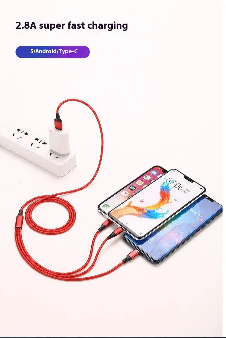 Red nylon woven three-in-one data cable with Lightning, Micro USB, and Type-C connectors on white background