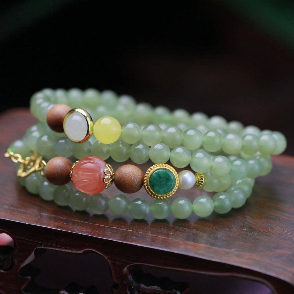 Hetian jade and red lotus bead necklace with matching bracelet set