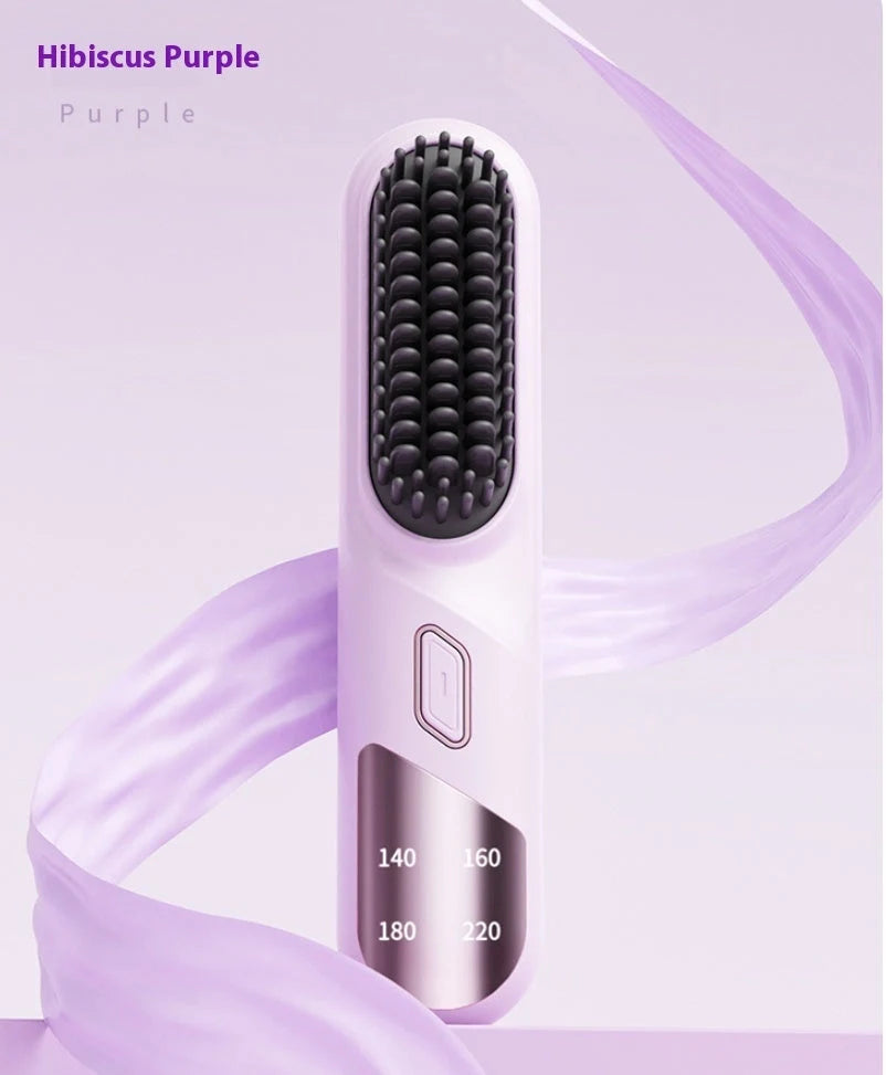 Cordless hair straightener brush in pink, black, and purple options for wet and dry hair styling