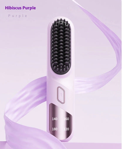 Cordless hair straightener brush in pink, black, and purple options for wet and dry hair styling