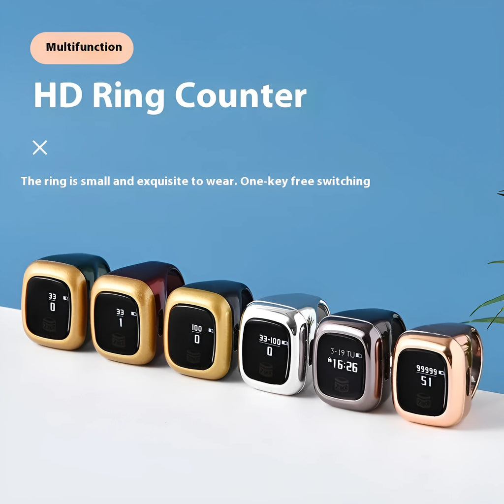 Al-fatiha Zikr electronic counter on wrist showing digital display, available in black, rose gold, silver, wine red, green.