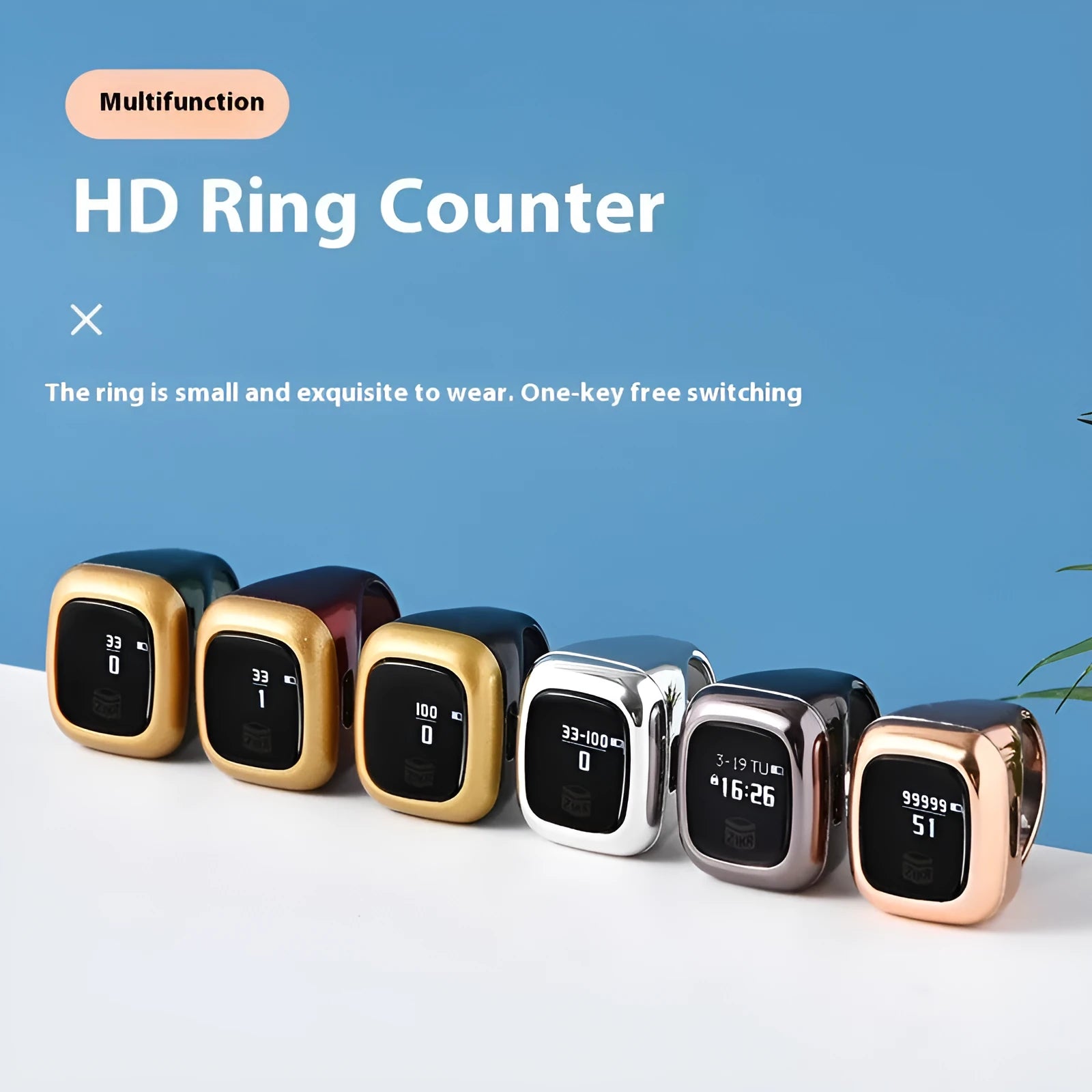 Al-fatiha Zikr electronic counter on wrist showing digital display, available in black, rose gold, silver, wine red, green.