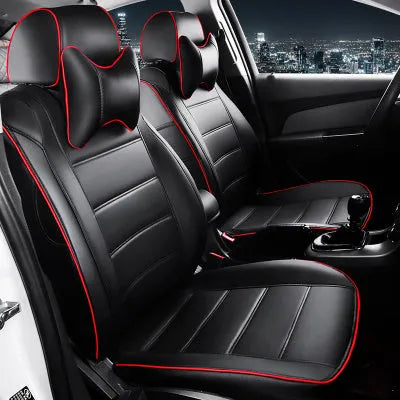 Cow leather car seat cover in binding style, shown in beige and black with red line colour options.