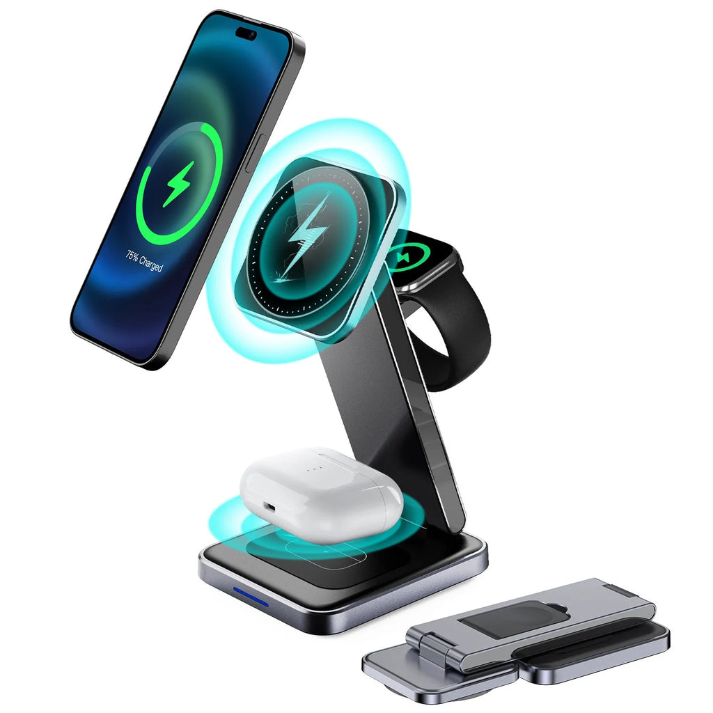 Folding alloy three-in-one wireless charger with magnetic support and digital display in black