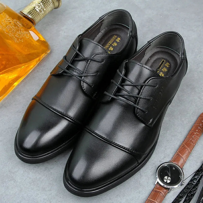 Men's black and brown leather lace-up shoes with stitching detail and horse buckle, shown in sizes 38 to 48