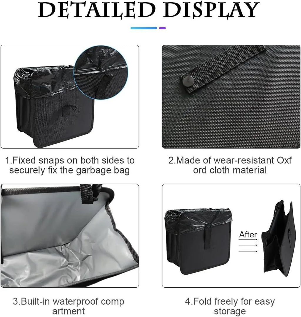Black Oxford cloth car folding trash can showing expanded 22cm square shape and hanging strap