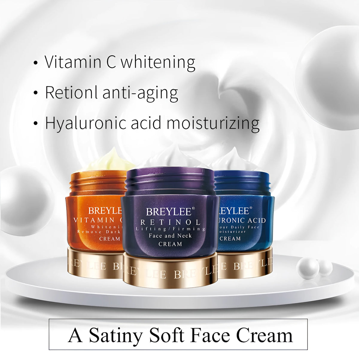 Three jars of eye cream: blue hyaluronic acid, orange VC, purple retinol, 40g each