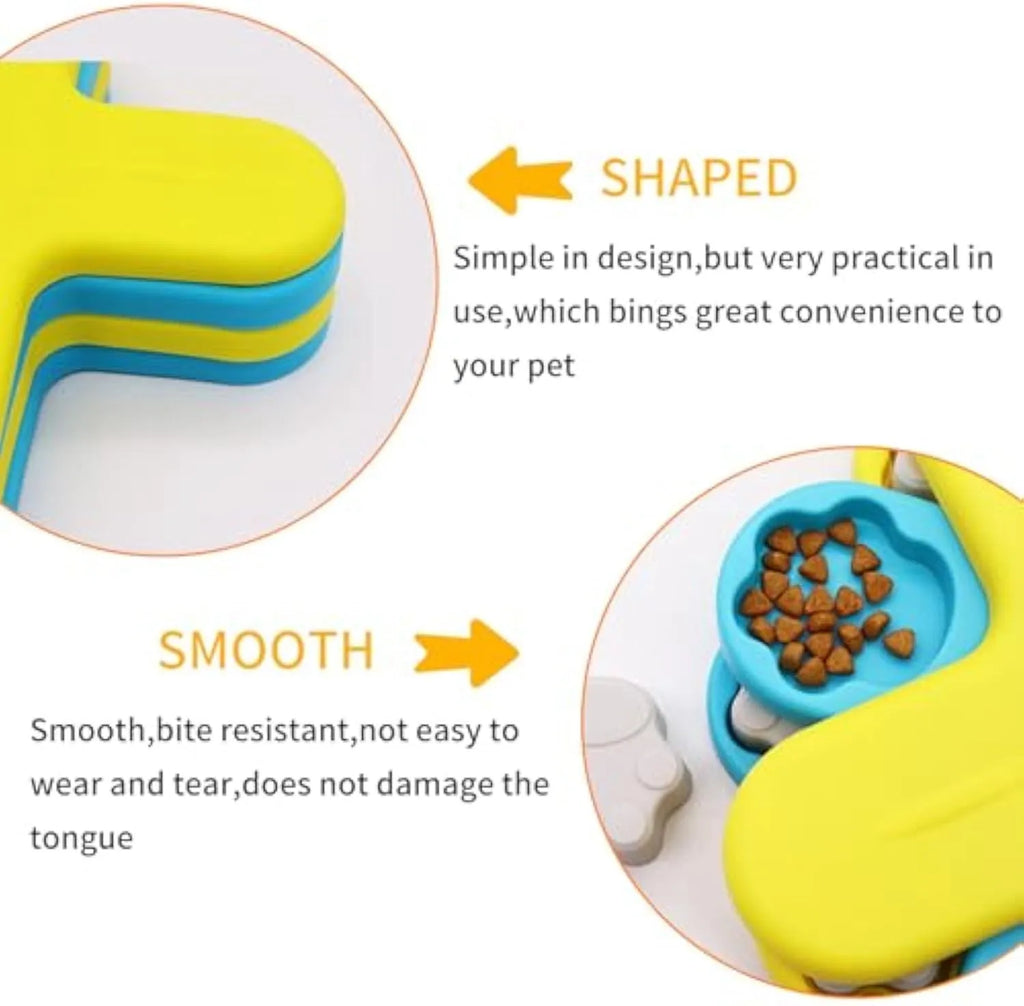 Yellow three-layer rotating dog puzzle feeder toy with claw-shaped lids on an anti-slip base.