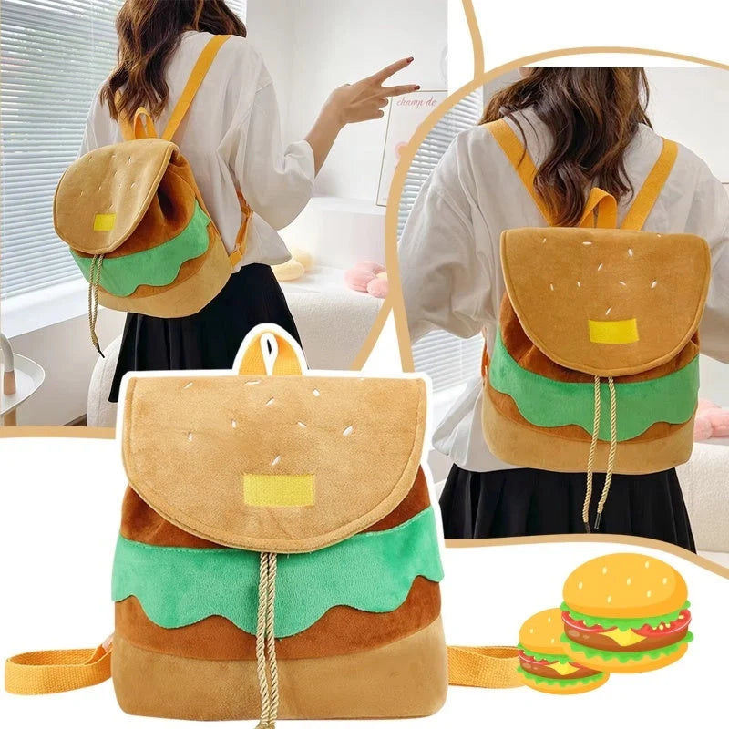Hamburger-shaped plush backpack for girls with adjustable drawstring