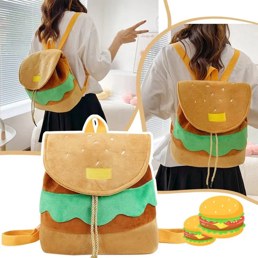 Hamburger-shaped plush backpack for girls with adjustable drawstring