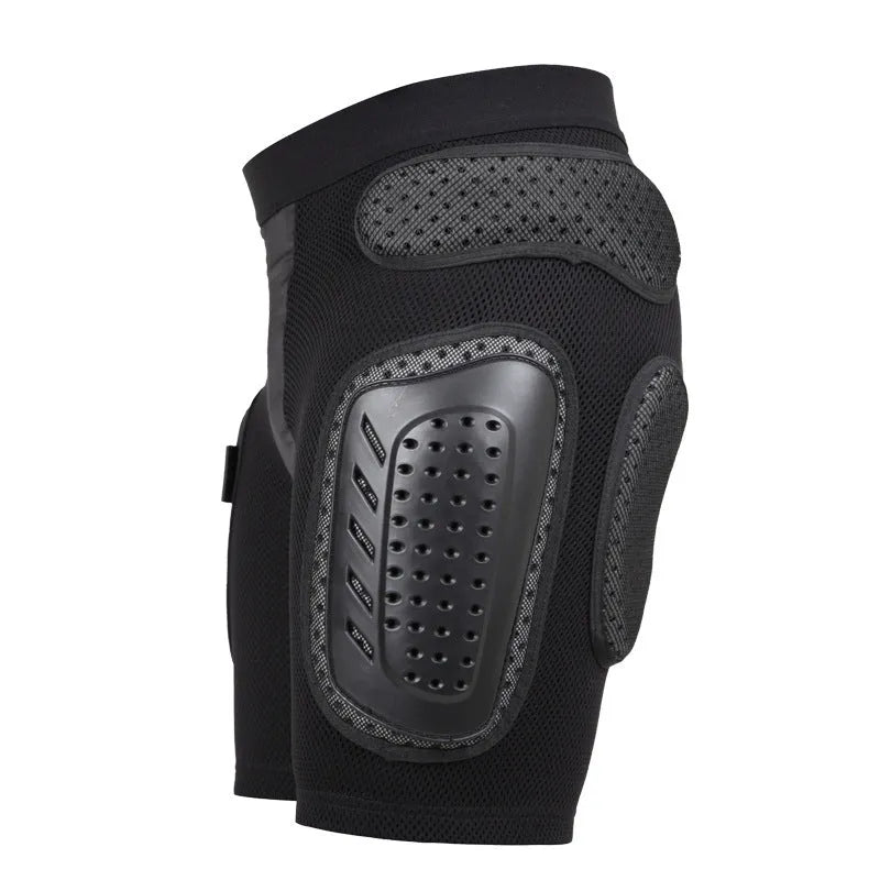 Black cycling hip pad protection pants showing hip guard area and size options S M L XL