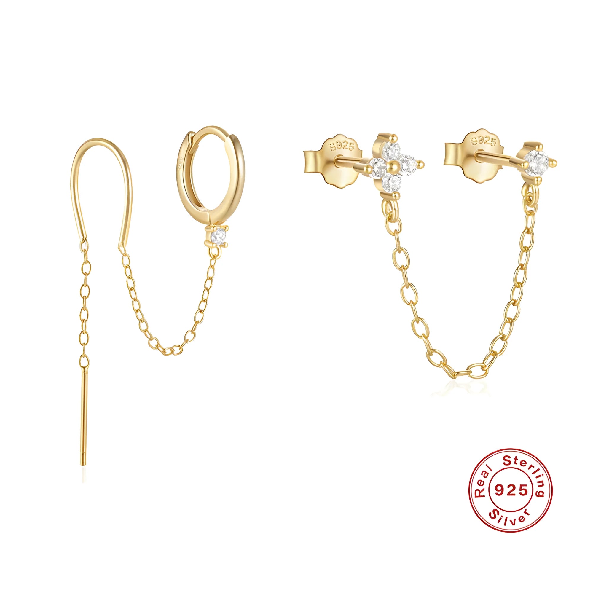 S925 sterling silver geometric earrings with flower, tassel and chain design in gold tone finish