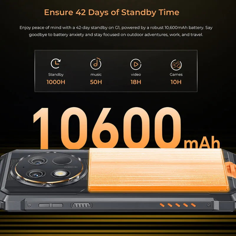 OUKITEL G1 mobile phone in grey, green and orange colours with charger and manual