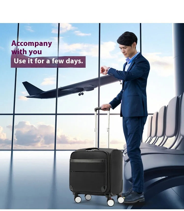 Black 18-inch Oxford cloth business travel suitcase with pull handle and wheels