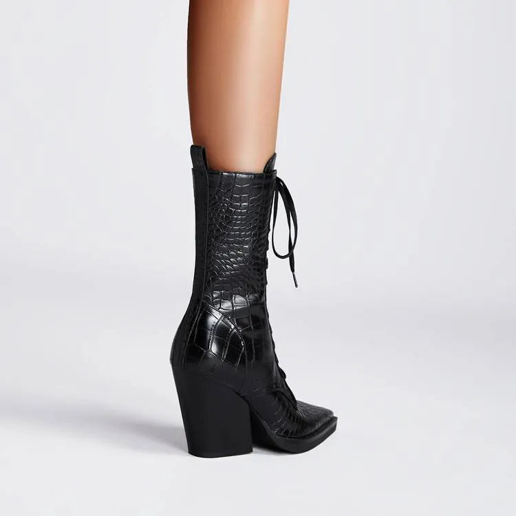 Dark brown women's ankle boot with retro stone pattern, pointed toe, and a chunky heel.