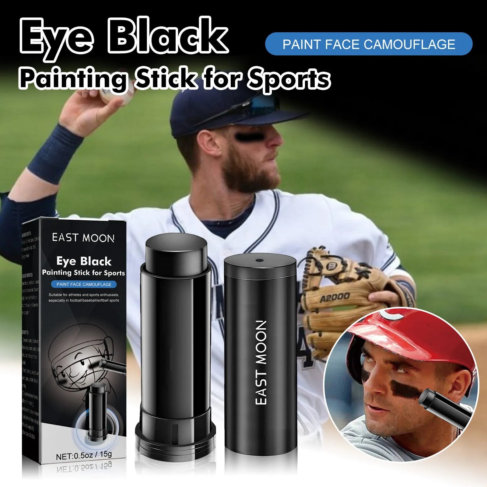 Sports eye black paint stick in black finish with 15g net content for athletic glare reduction.