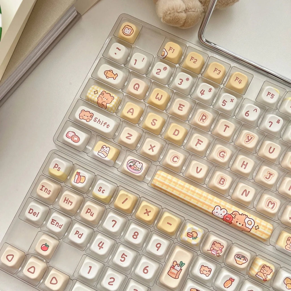Rabbit Bear Restaurant themed PBT plastic keycap set with 140 pieces for mechanical keyboards, shown in EOA height profile.